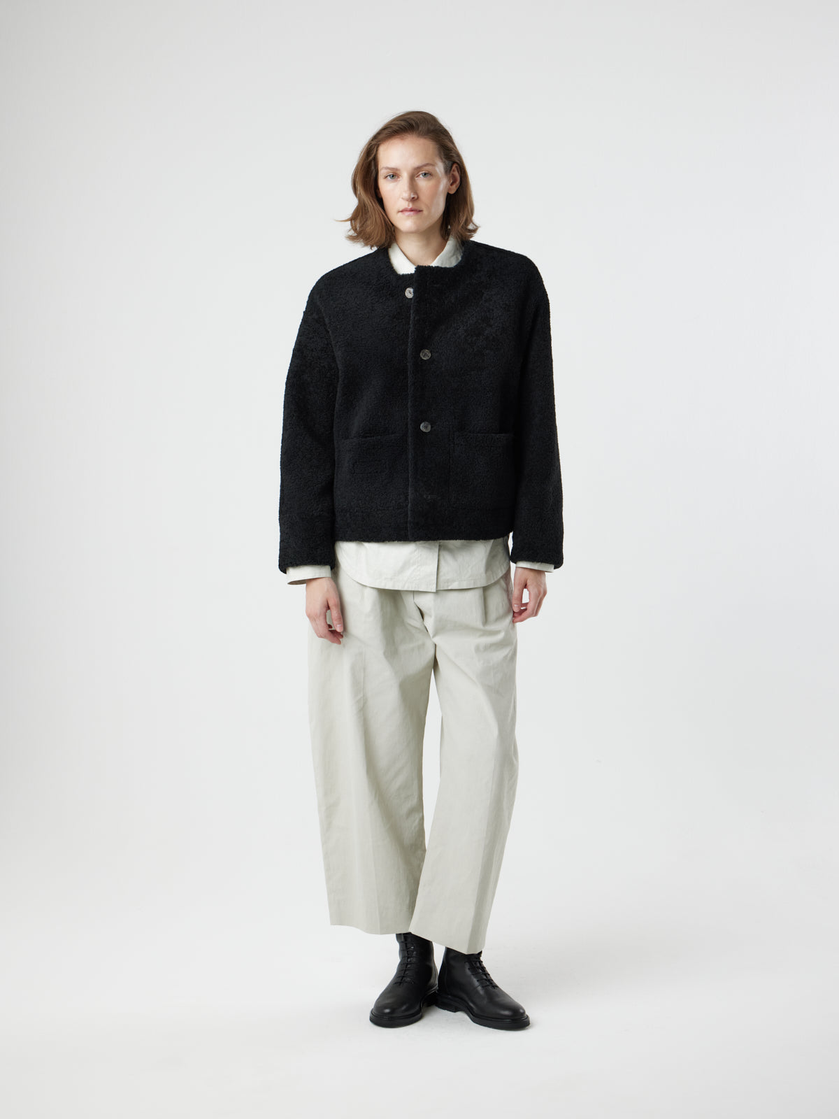 Collarless Patch Pocket Shearling Jacket