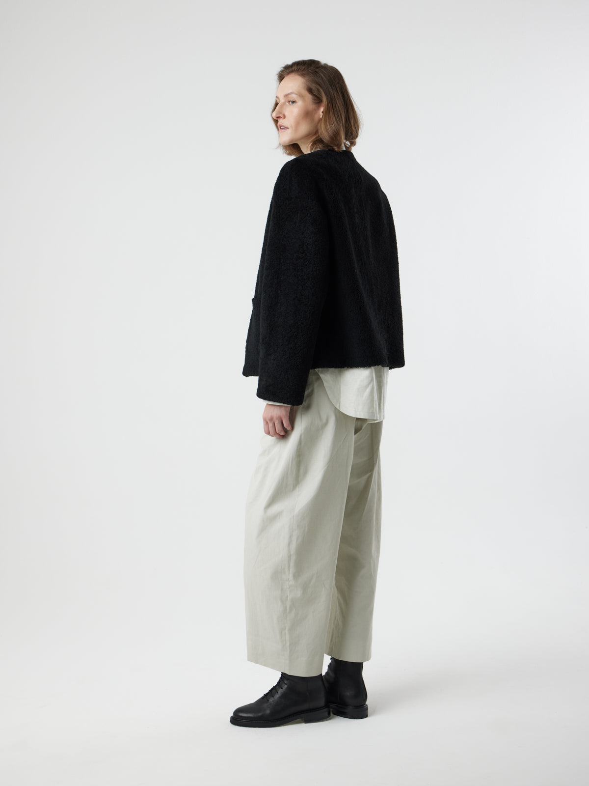Collarless Patch Pocket Shearling Jacket
