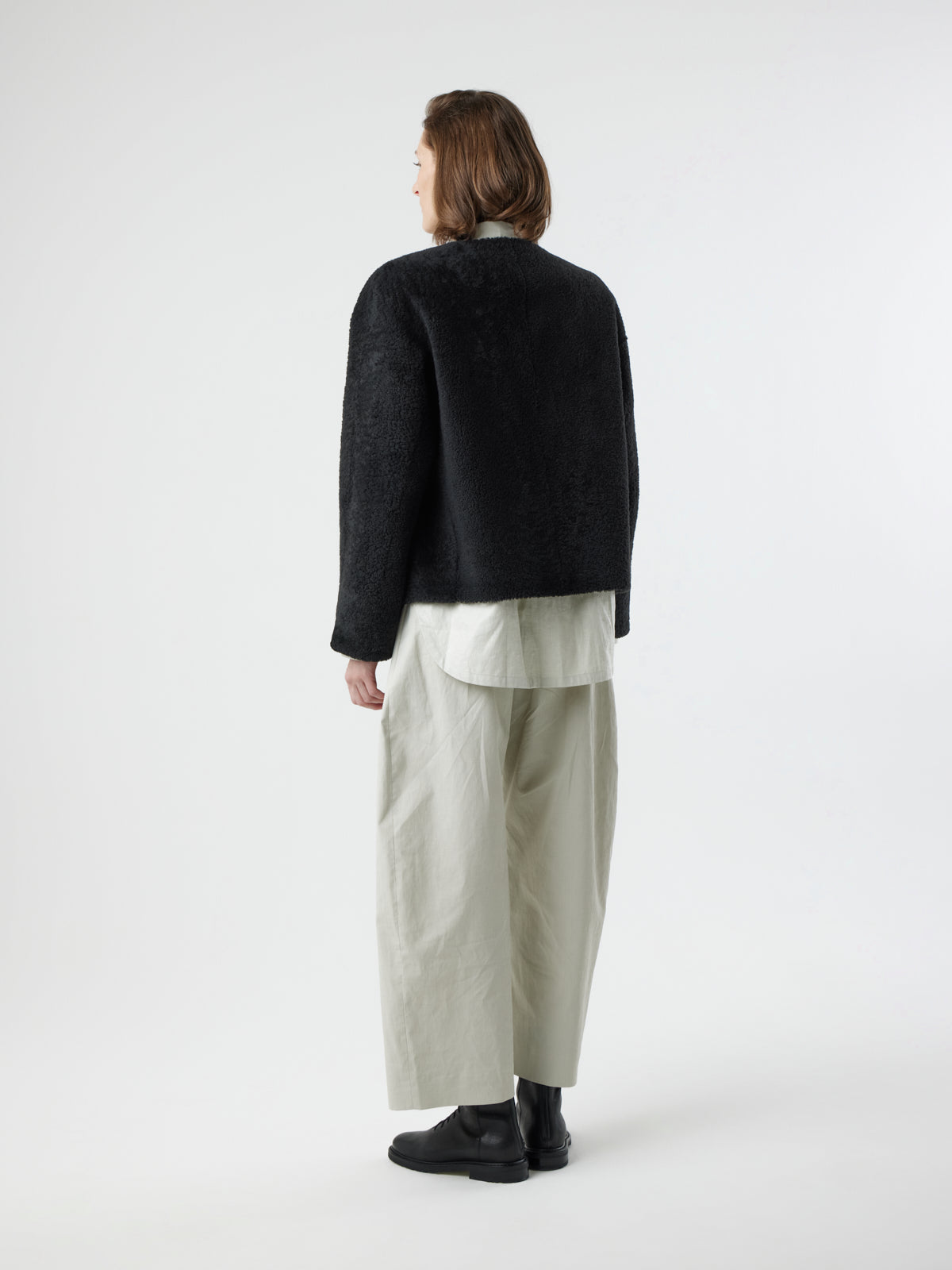 Collarless Patch Pocket Shearling Jacket