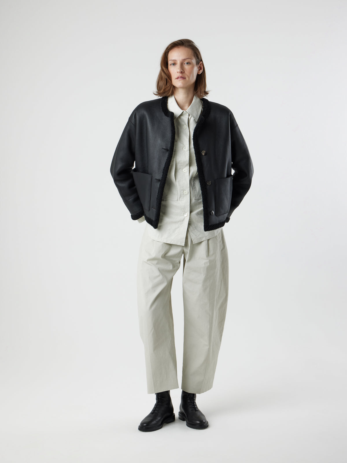 Collarless Patch Pocket Shearling Jacket