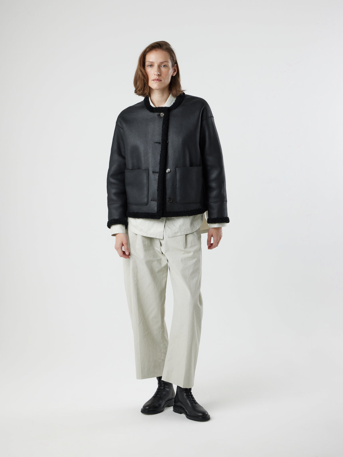 Collarless Patch Pocket Shearling Jacket