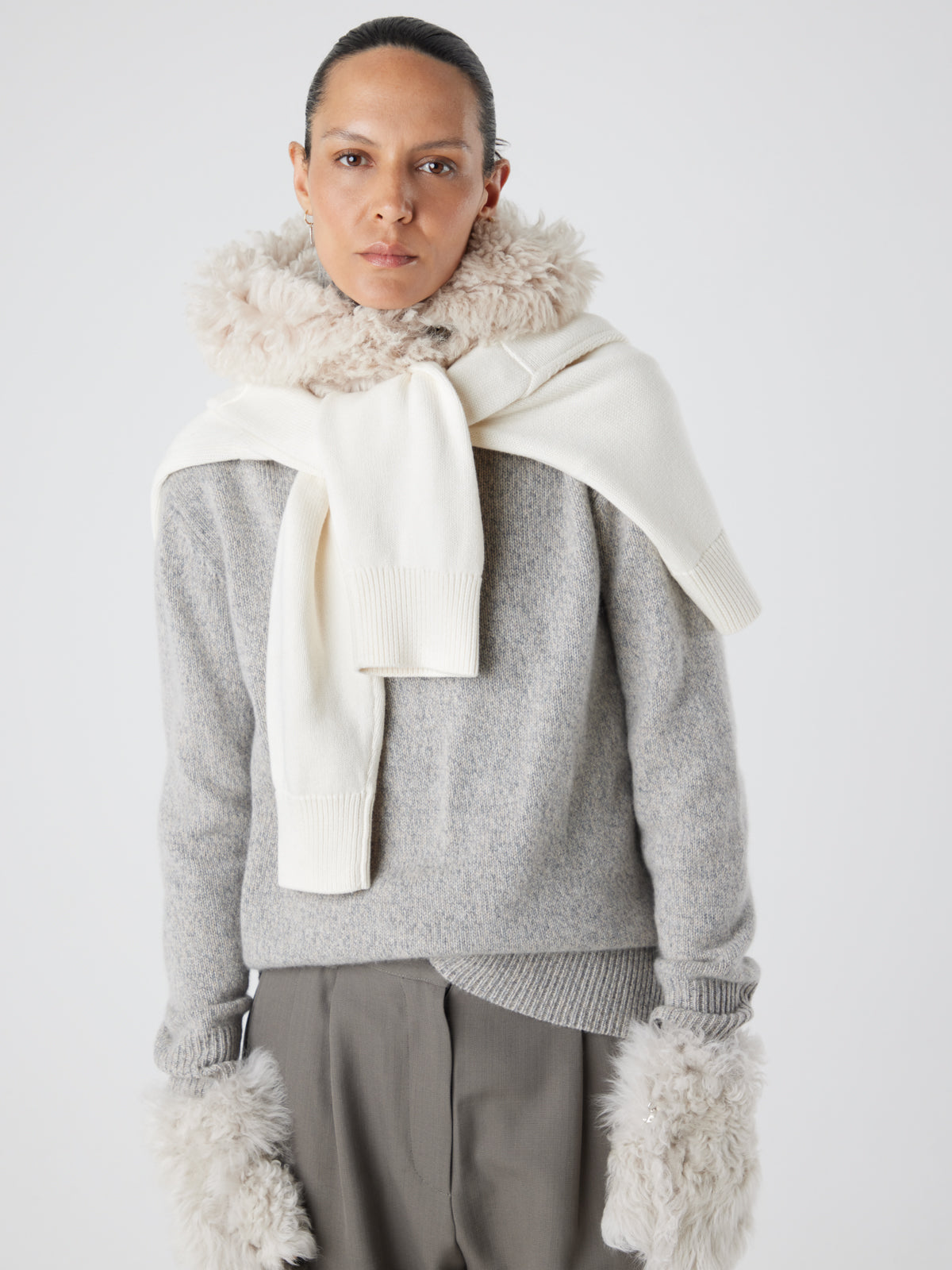 Cream Curly Shearling Hood | Womens | Gushlow & Cole - model hood and mittens