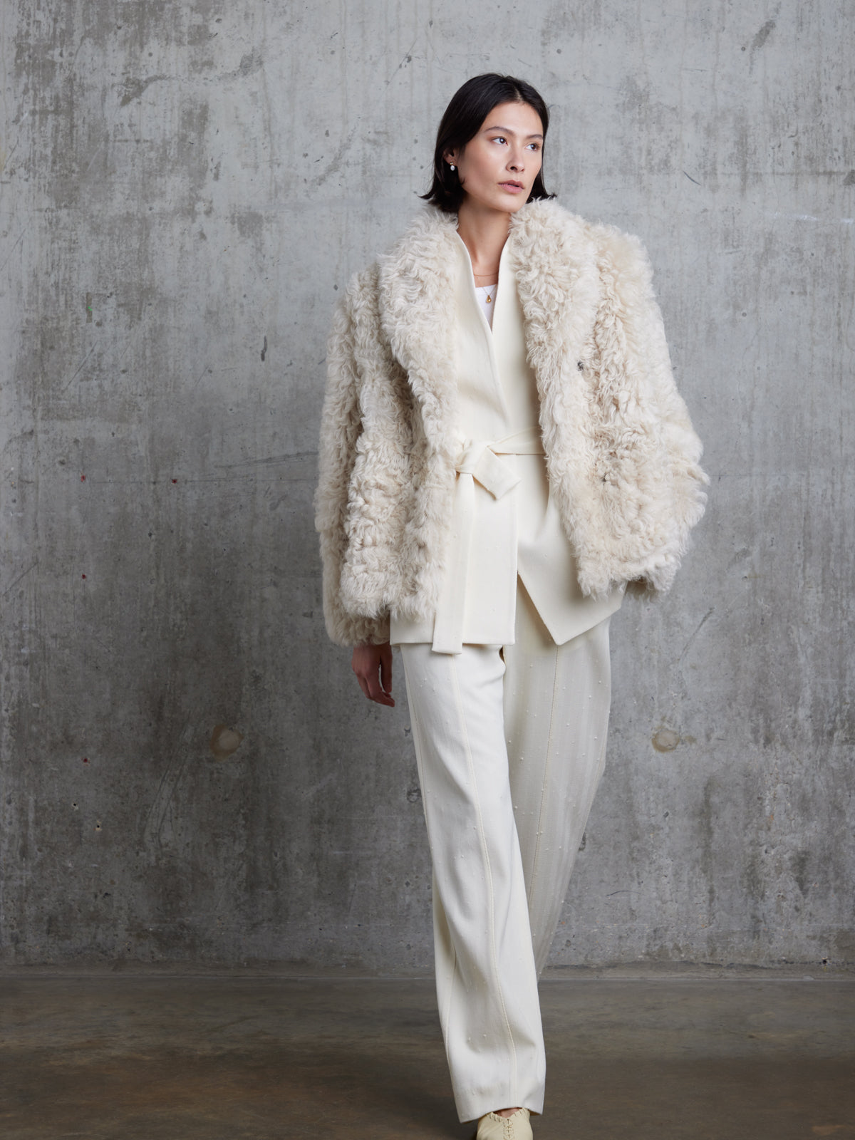 Cream Curly Shearling Jacket | Womens | Gushlow & Cole - model full length walking