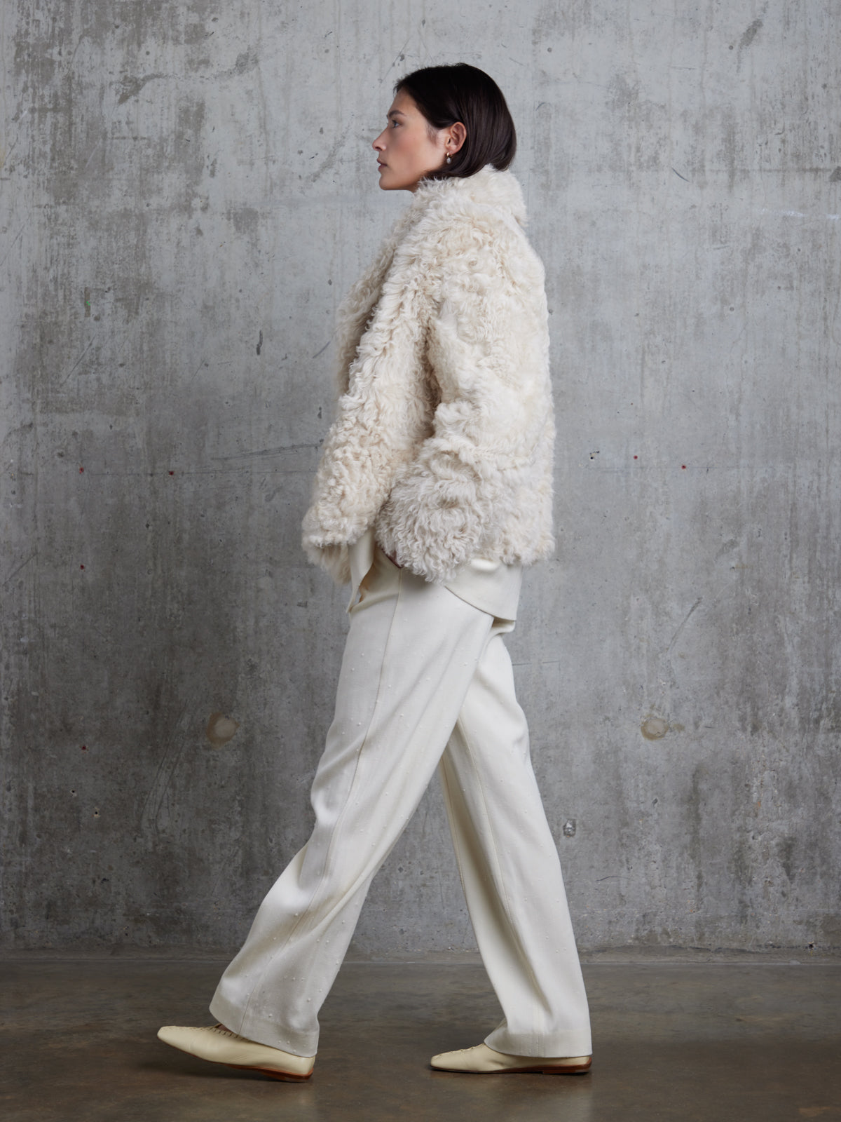 Cream Curly Shearling Jacket | Womens | Gushlow & Cole - model full length walking side