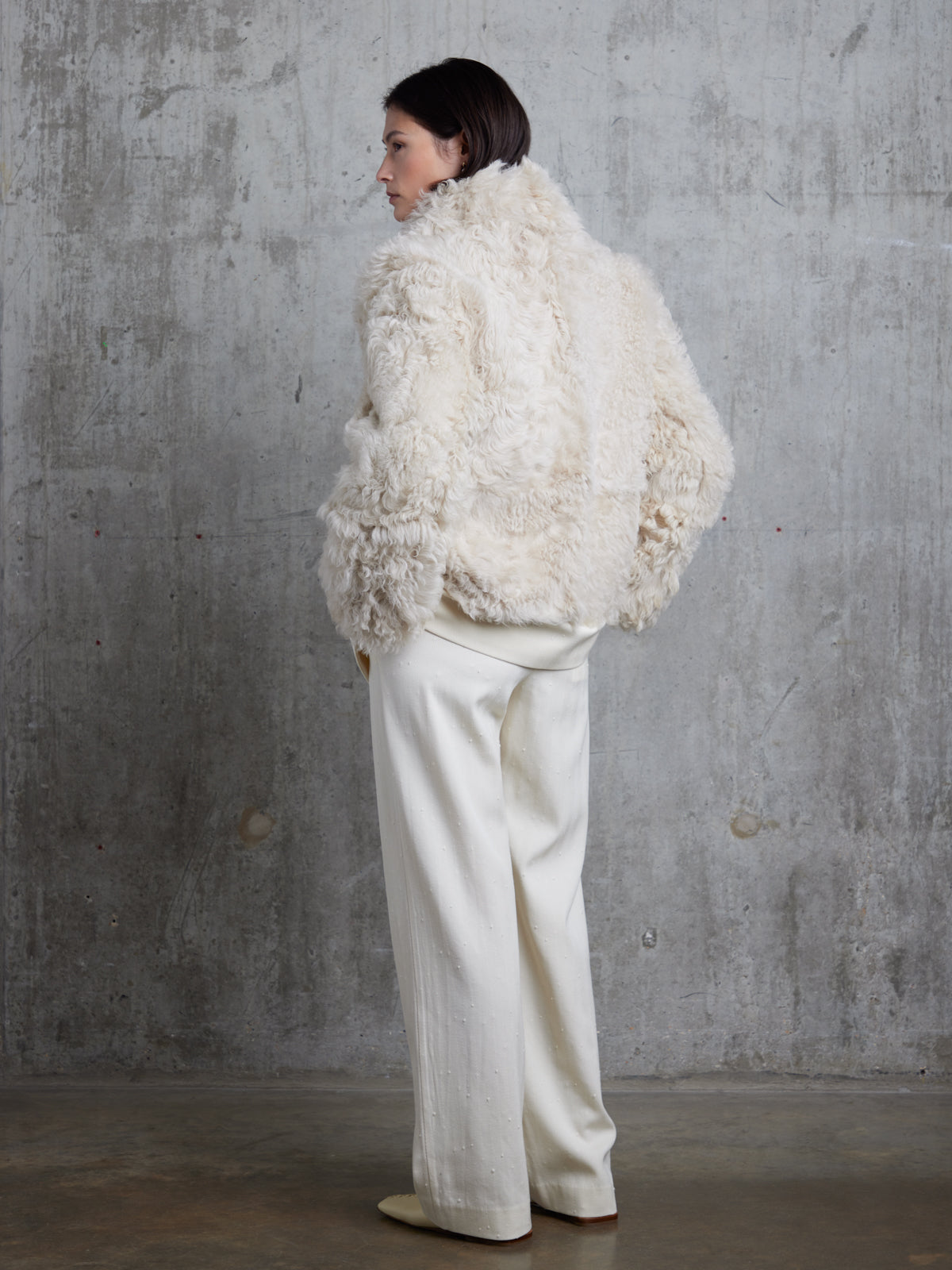 Cream Curly Shearling Jacket | Womens | Gushlow & Cole - model full length back