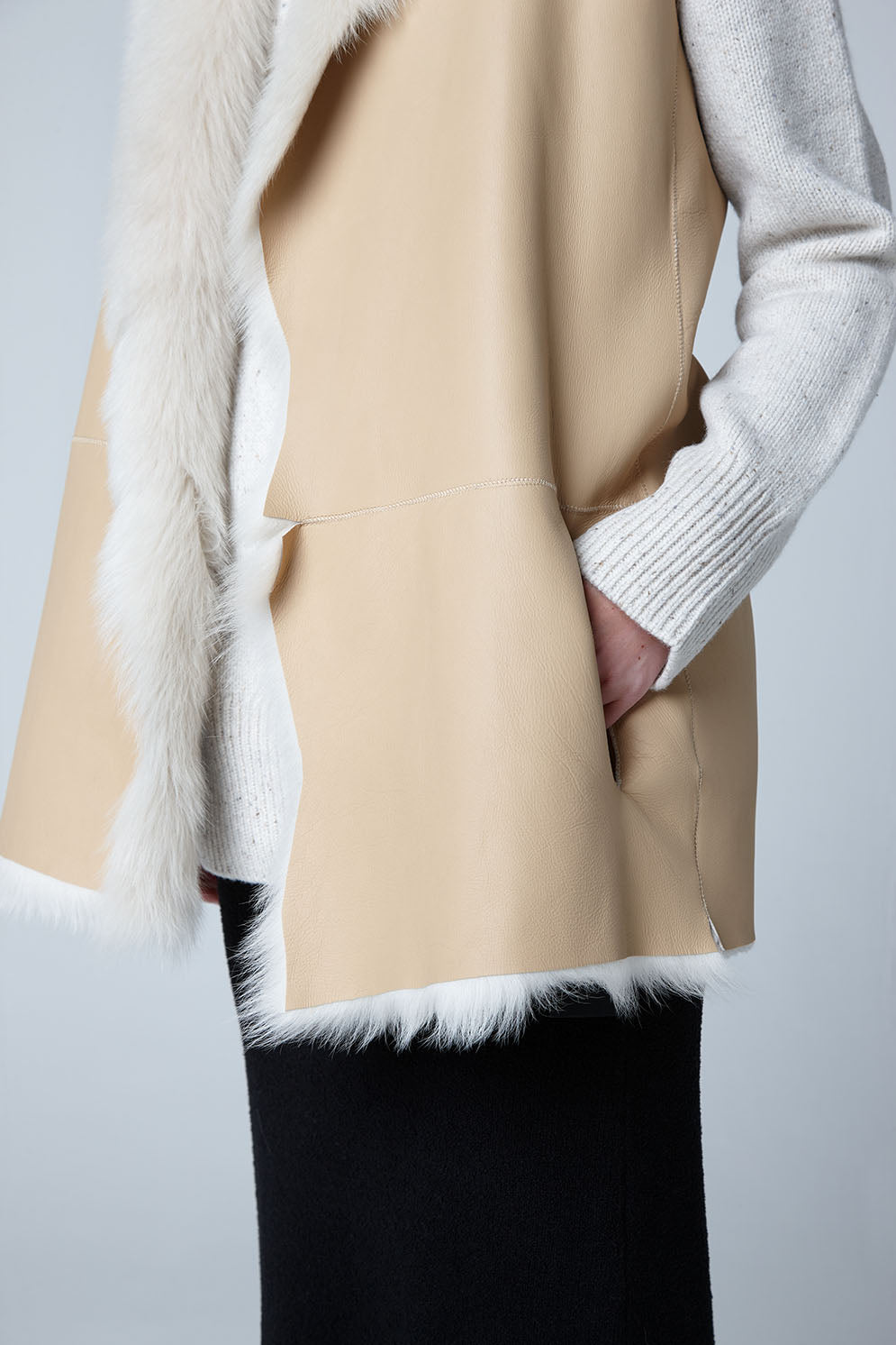 Cream Mid Length Rough Cut Mixed Shearling Gilet - model crop wool in - women | gushlow & cole
