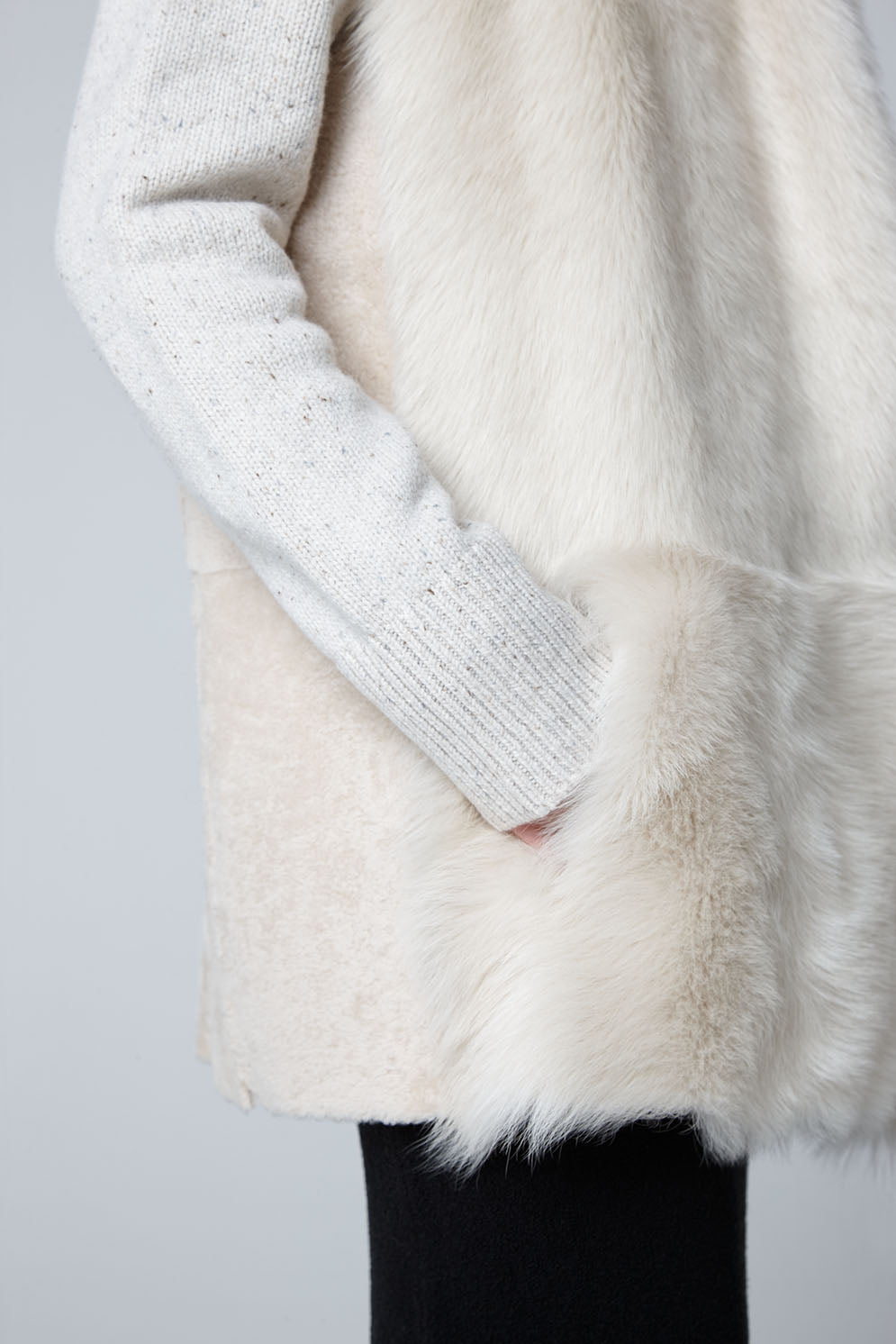 Cream Mid Length Rough Cut Mixed Shearling Gilet - model crop wool out - women | gushlow & cole
