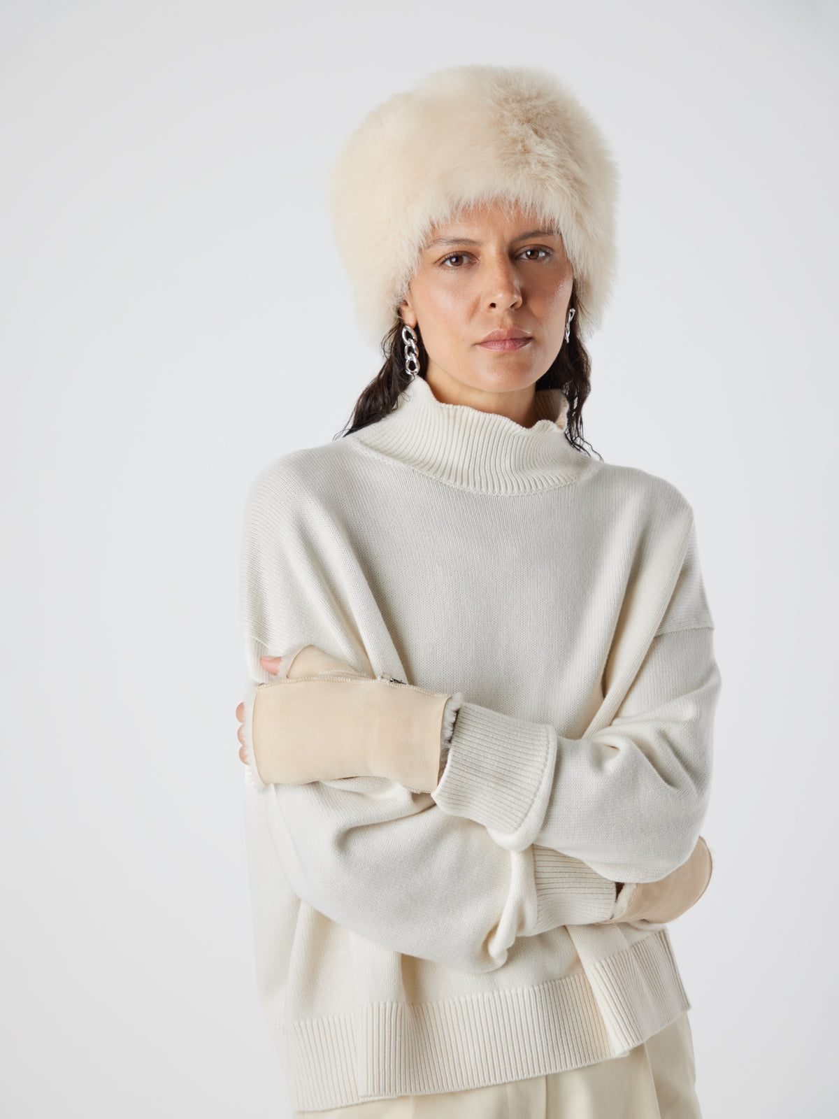 Cream Shearling Russian Hat | Womens | Gushlow & Cole- model wearing hat and mittens