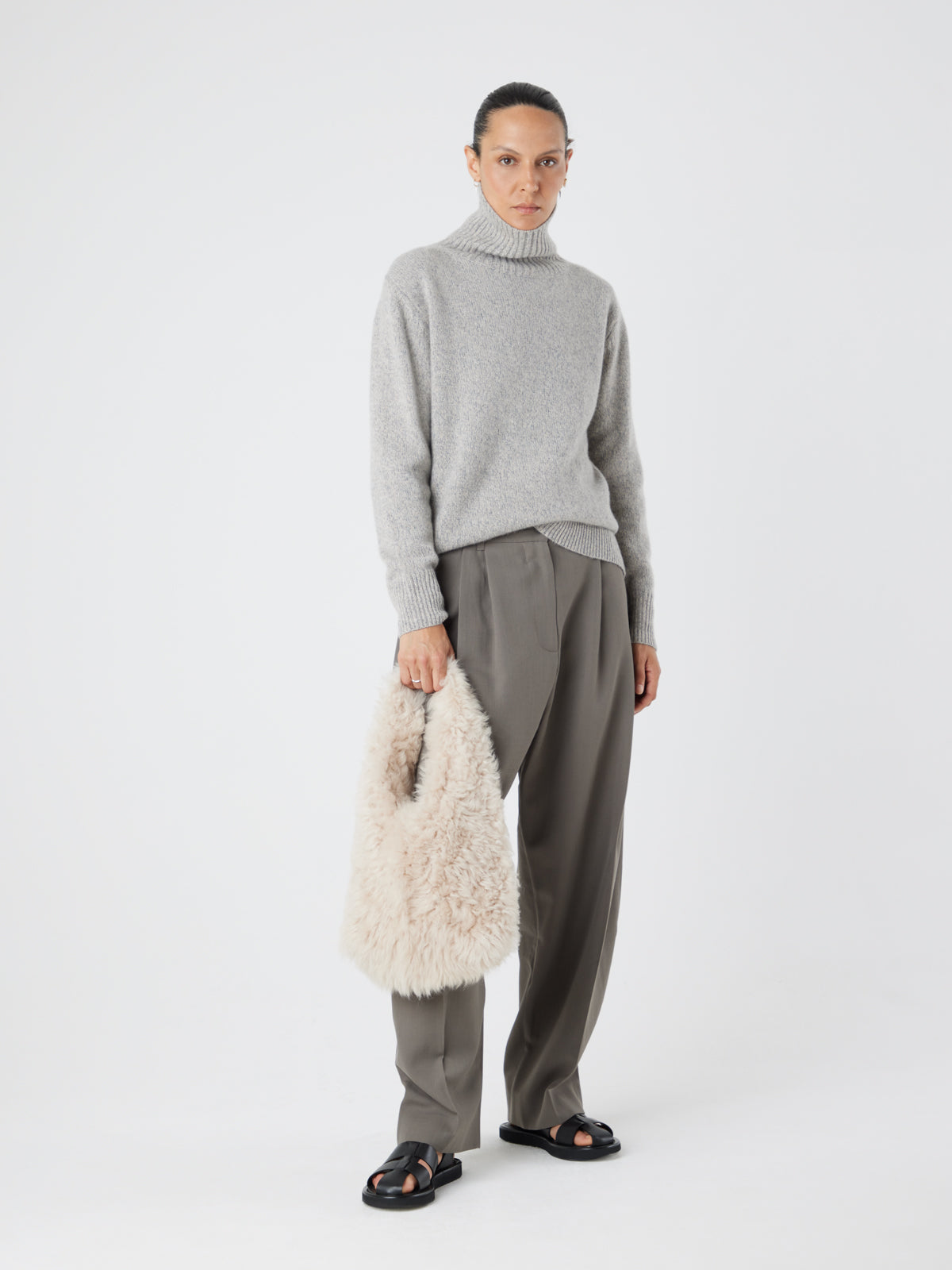 Cream Shearling Slouch Bag | Womens | Gushlow & Cole - model full length
