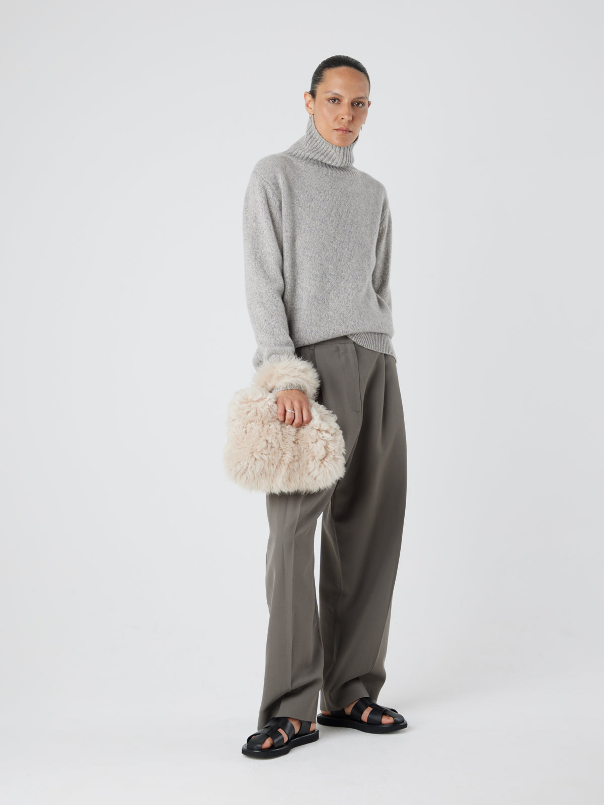 Cream Shearling Slouch Bag | Womens | Gushlow & Cole - model full length holding bag as pouch