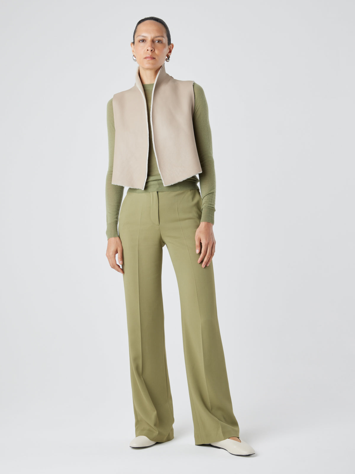 Cream Short Shearling Gilet | Womens | Gushlow & Cole - model full length reversed