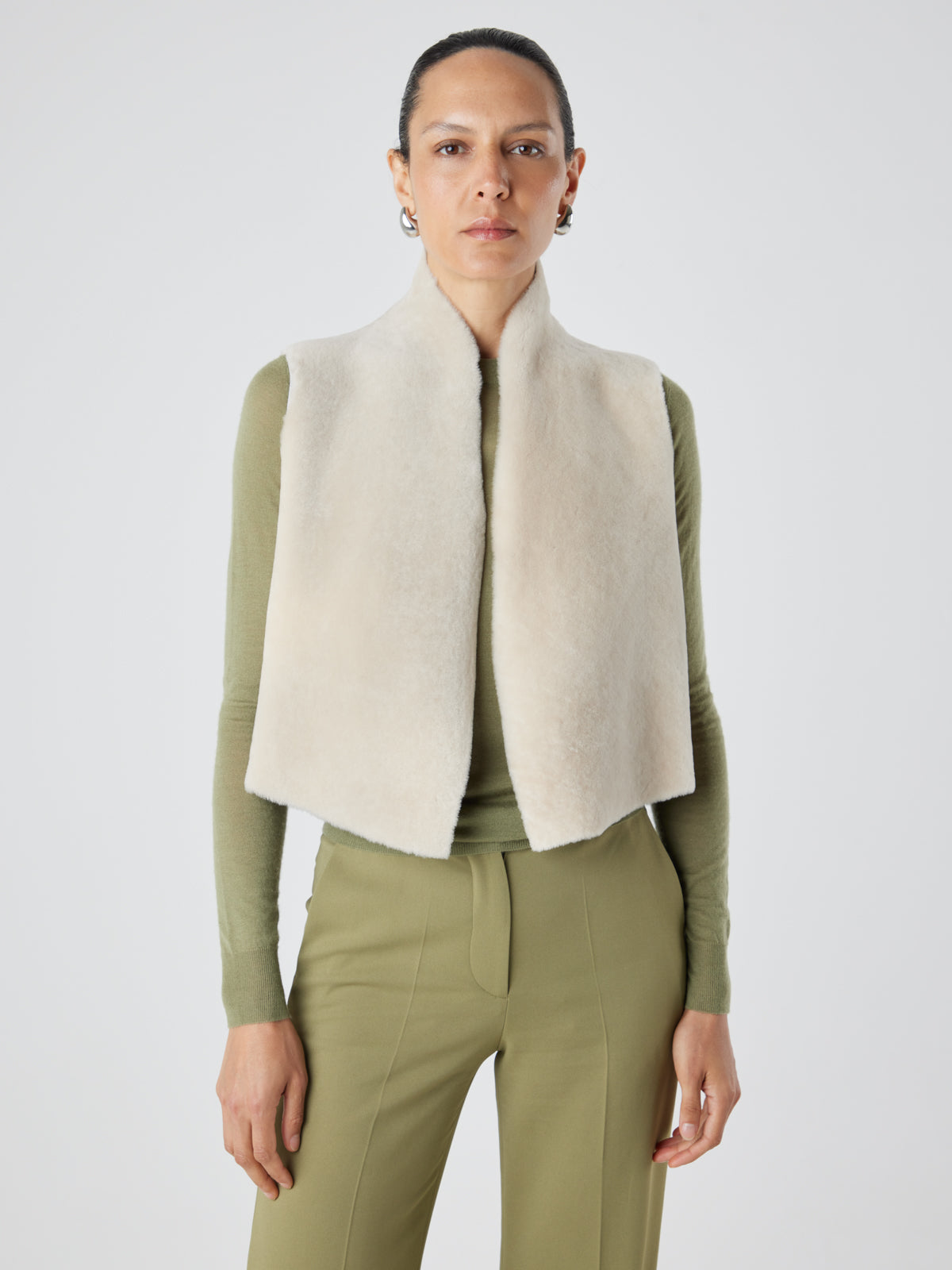 Cream Short Shearling Gilet | Womens | Gushlow & Cole - model cropped