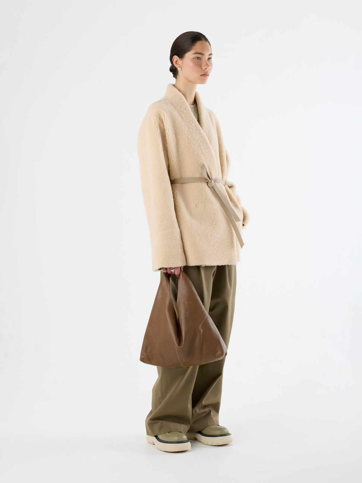 Collarless Shearling Wrap Jacket