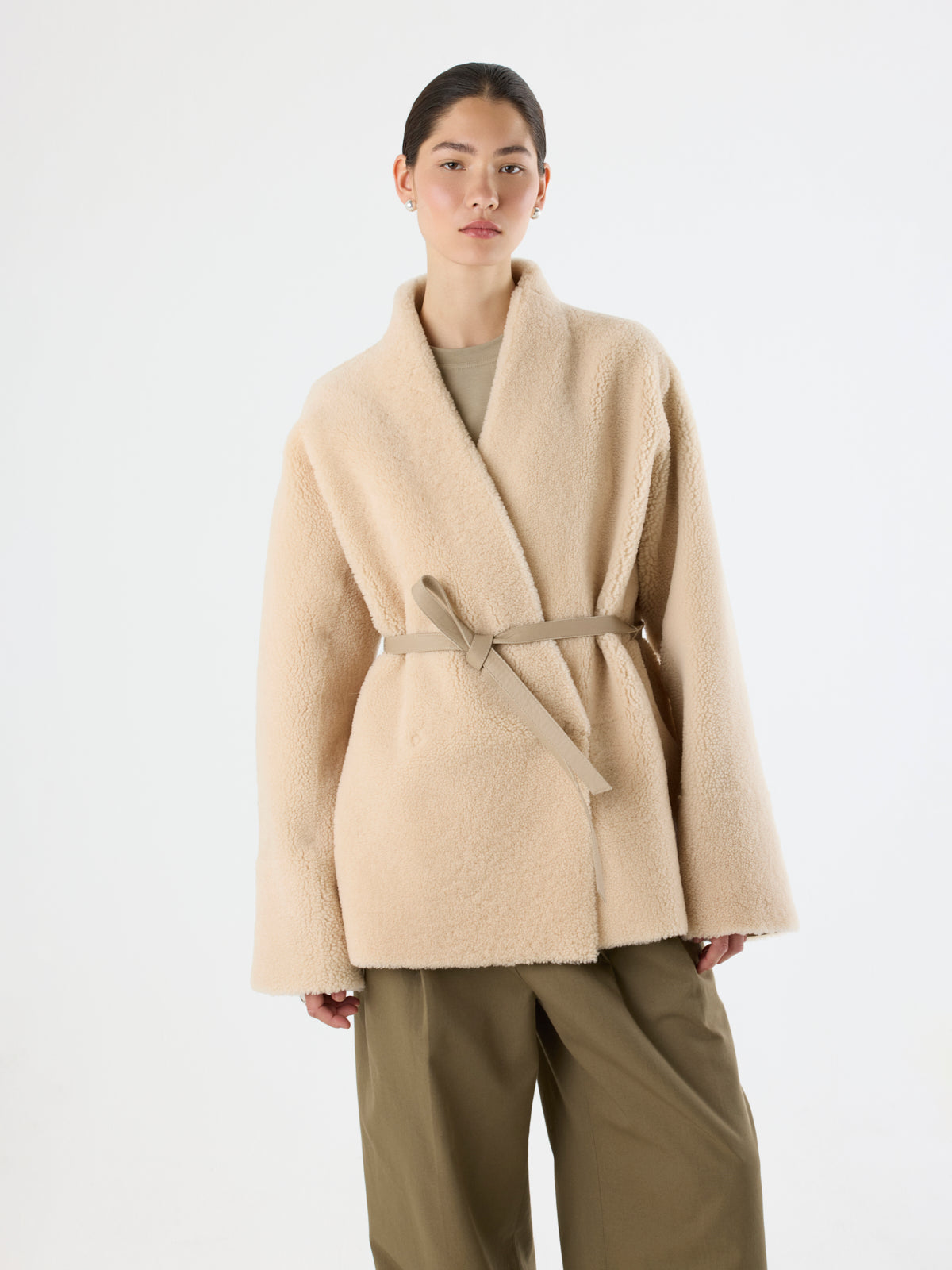 Collarless Shearling Wrap Jacket