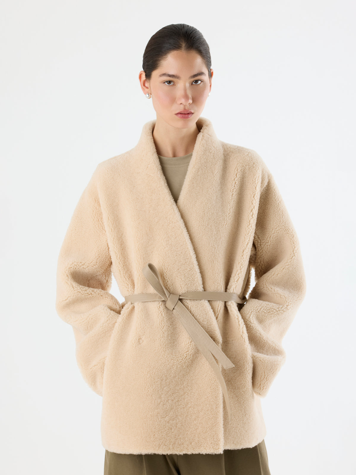 Collarless Shearling Wrap Jacket