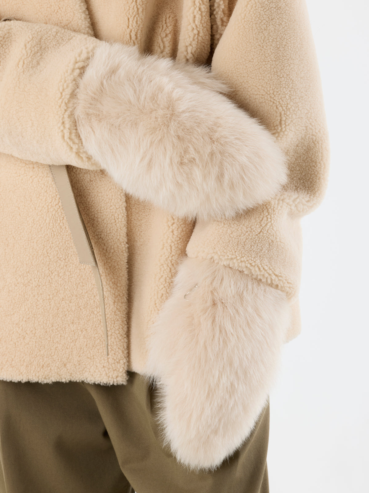 women wearing Cream Touchscreen Shearling Mittens by Gushlow & Cole