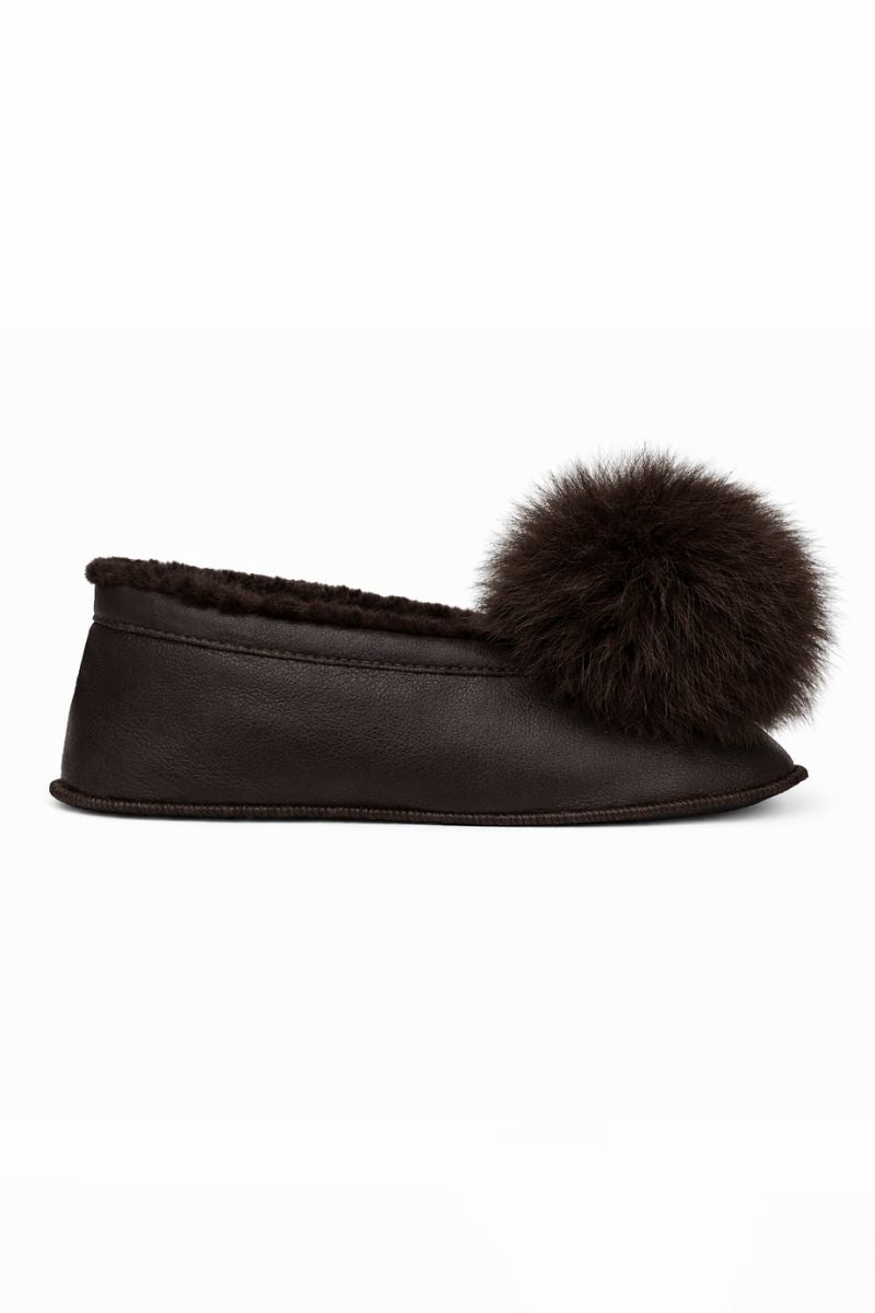 Dark Brown Margot Shearling Slippers for Women by Gushlow & Cole on white background