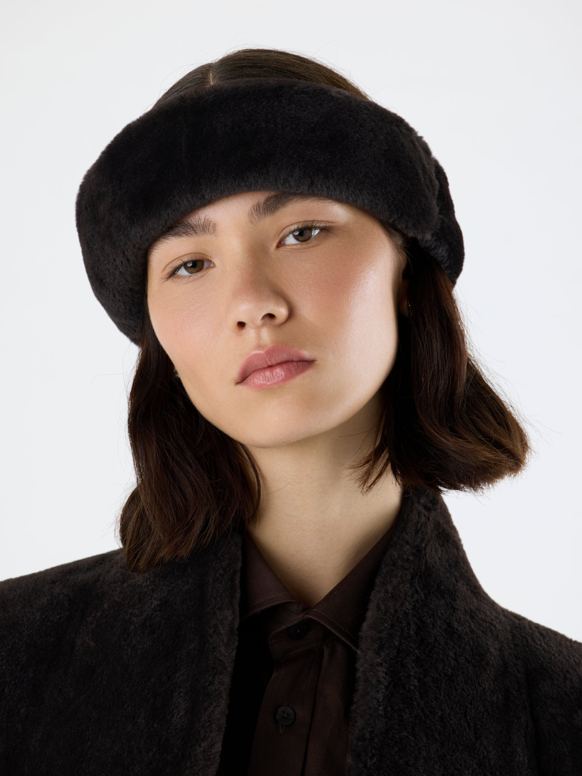 woman wearing Padded Dark Brown Shearling Headband by gushlow & cole