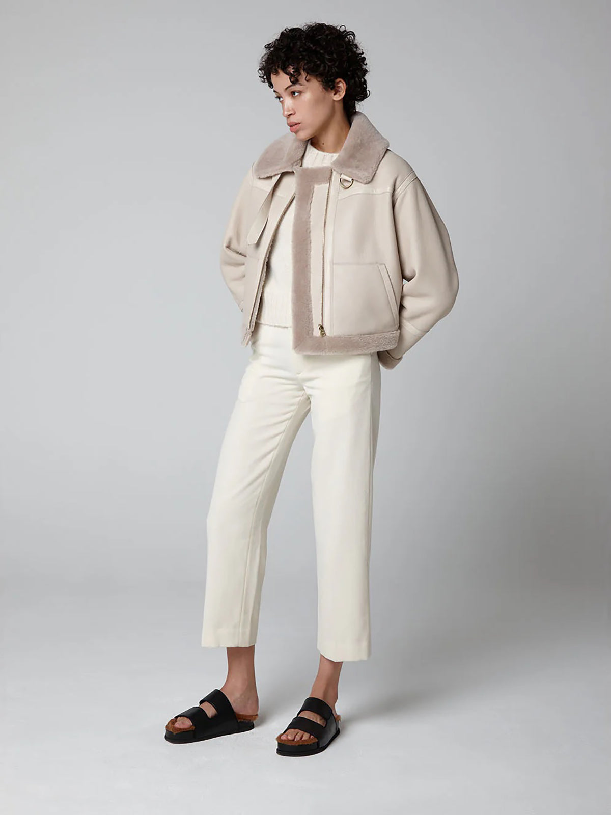 Ecru Shearling Aviator Jacket - model full length wool in open - women | gushlow & cole