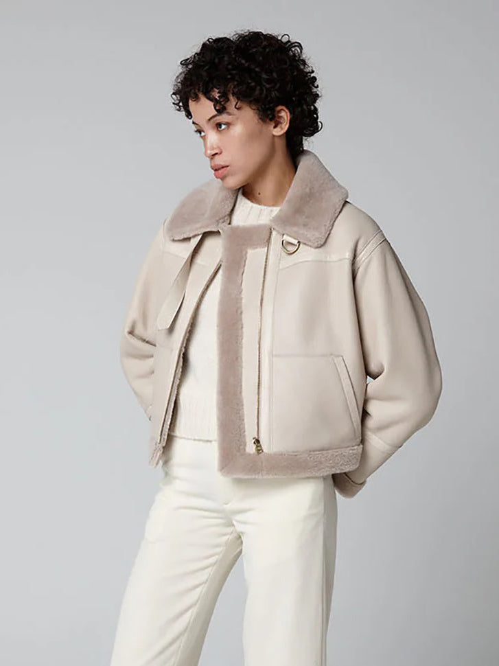 Ecru Shearling Aviator Jacket - model full length wool in open - women | gushlow & cole