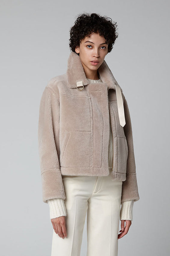 Ecru Shearling Aviator Jacket - model full length wool out - women | gushlow & cole