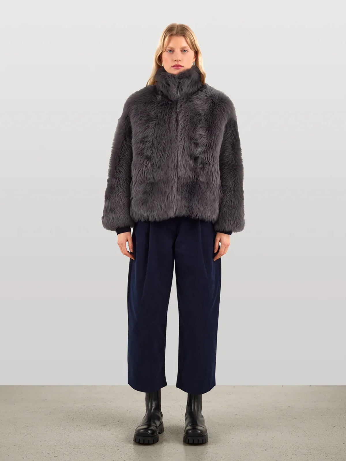 Funnel Collar Grey Shearling Jacket | Womens | Gushlow & Cole - model full length front jacket closed