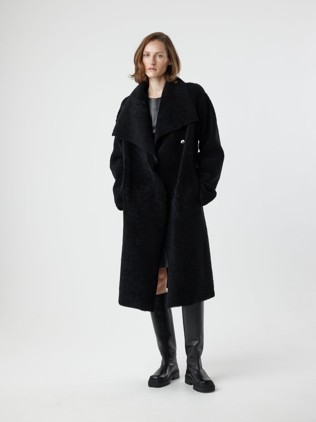 Funnel Collar Shearling Coat
