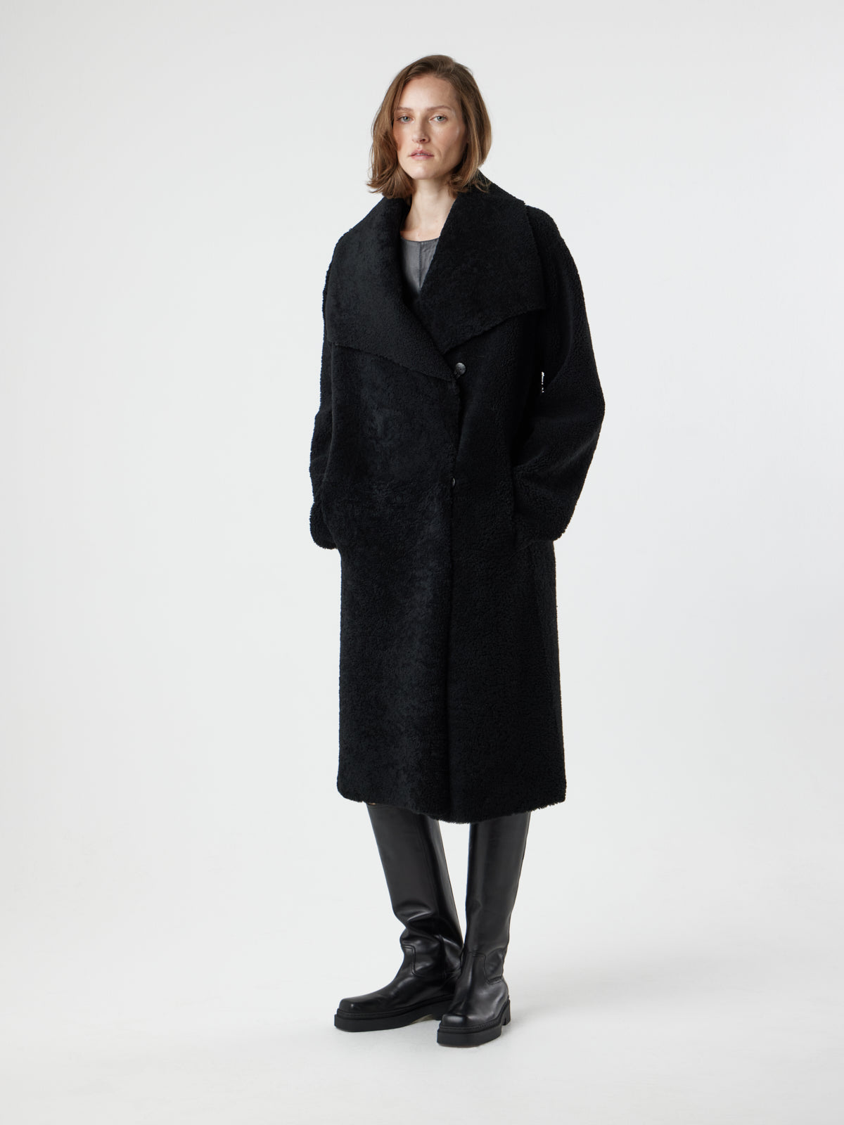 Funnel Collar Shearling Coat