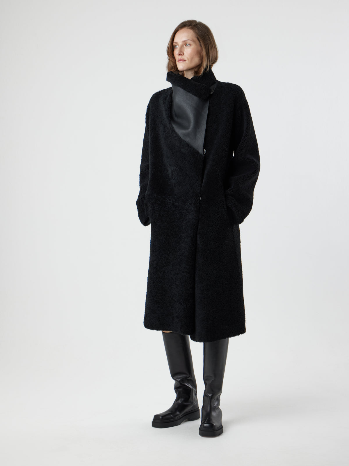 Funnel Collar Shearling Coat