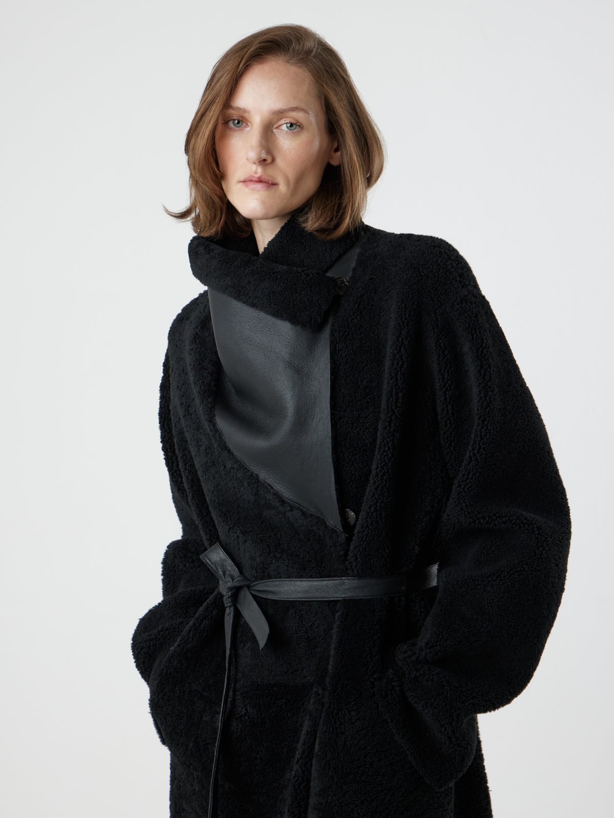 Funnel Collar Shearling Coat