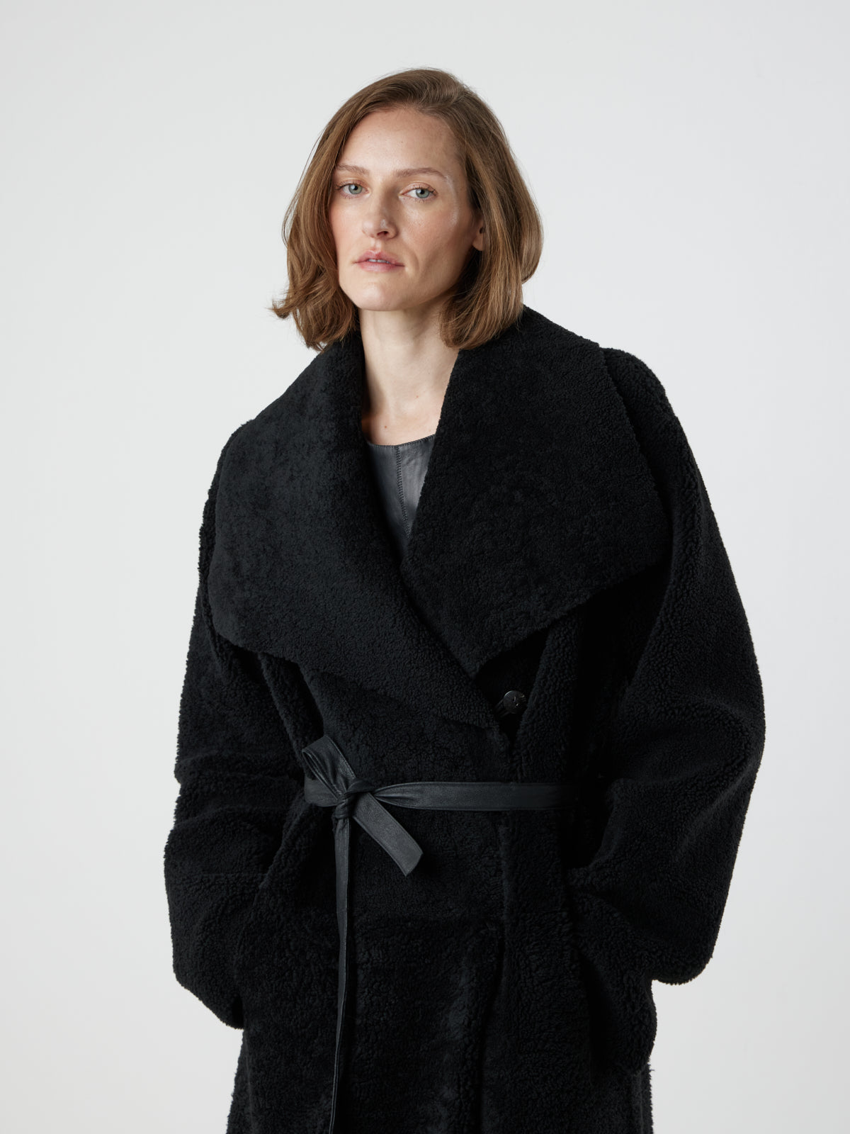Funnel Collar Shearling Coat