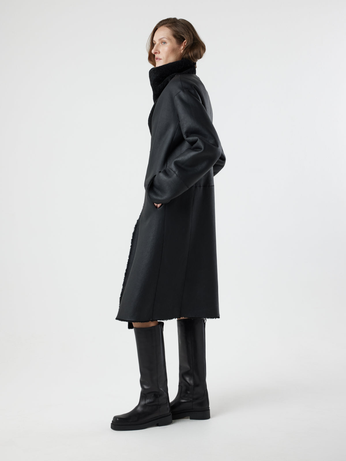Funnel Collar Shearling Coat