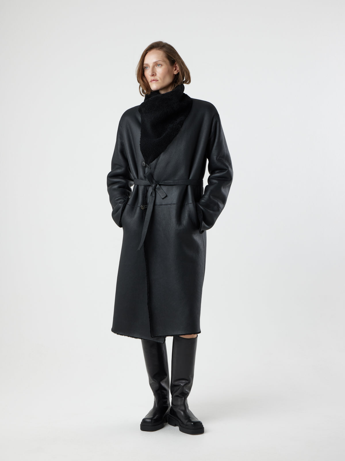 Funnel Collar Shearling Coat