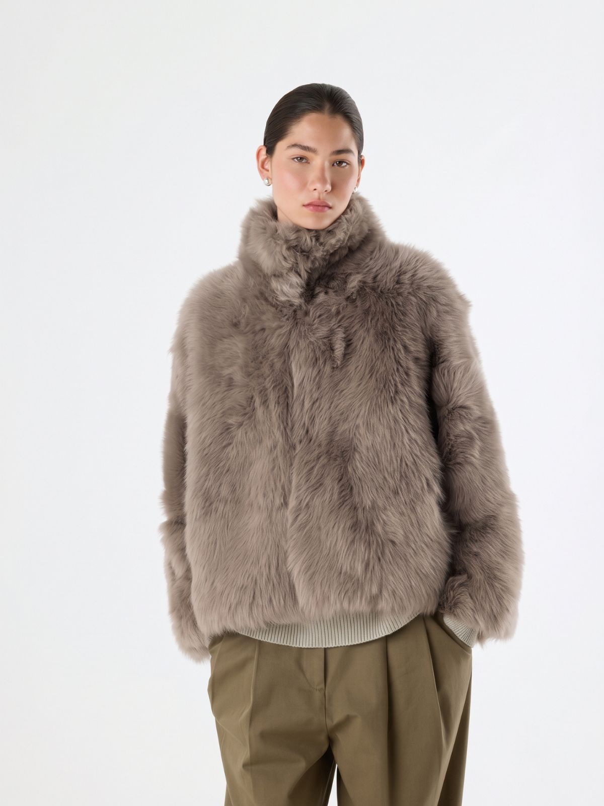 woman wearing Funnel Collar taupe Shearling jacket by gushlow & cole