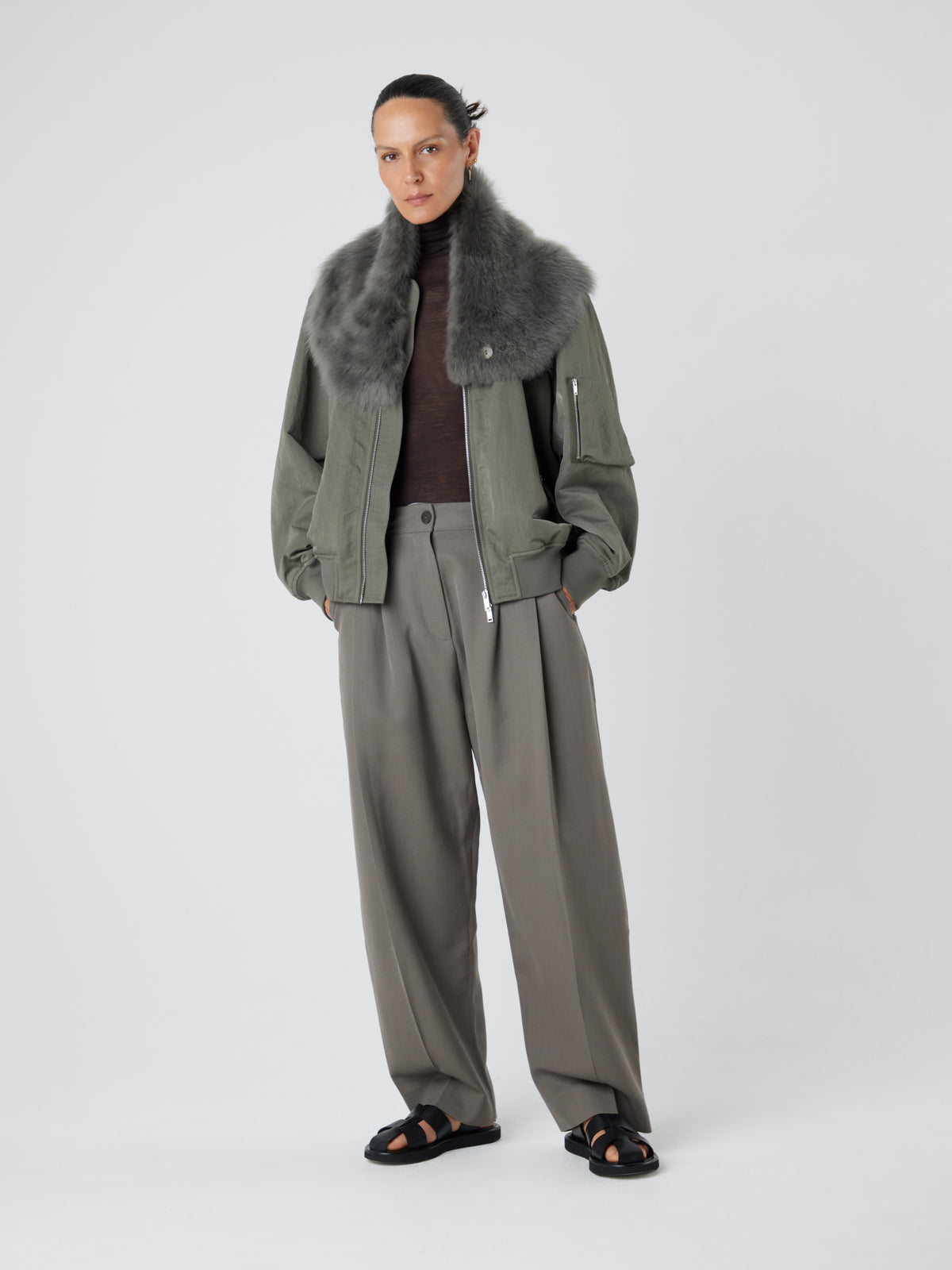 Green Baby Button Shearling Scarf | Womens | Gushlow & Cole - model full length open scarf