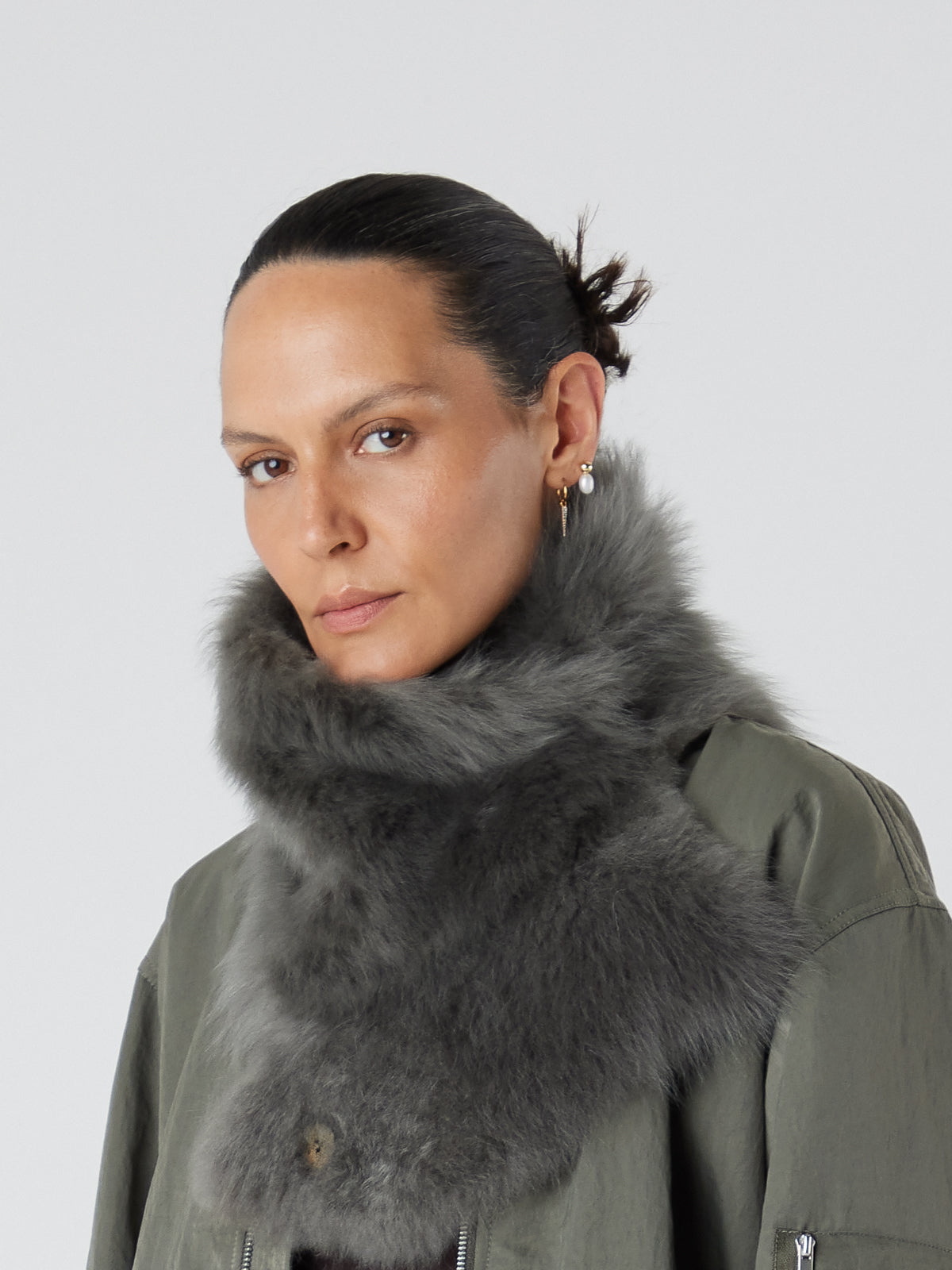 Green Baby Button Shearling Scarf | Womens | Gushlow & Cole - model crop buttoned up scarf