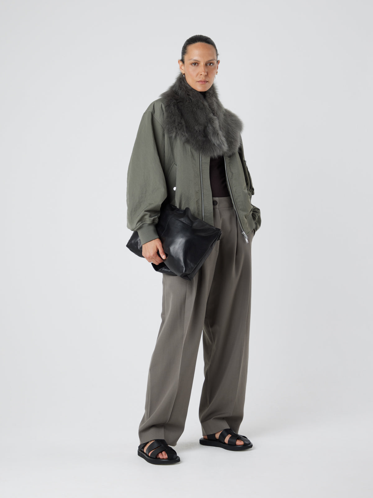 Green Baby Button Shearling Scarf | Womens | Gushlow & Cole - model full length buttoned up scarf side