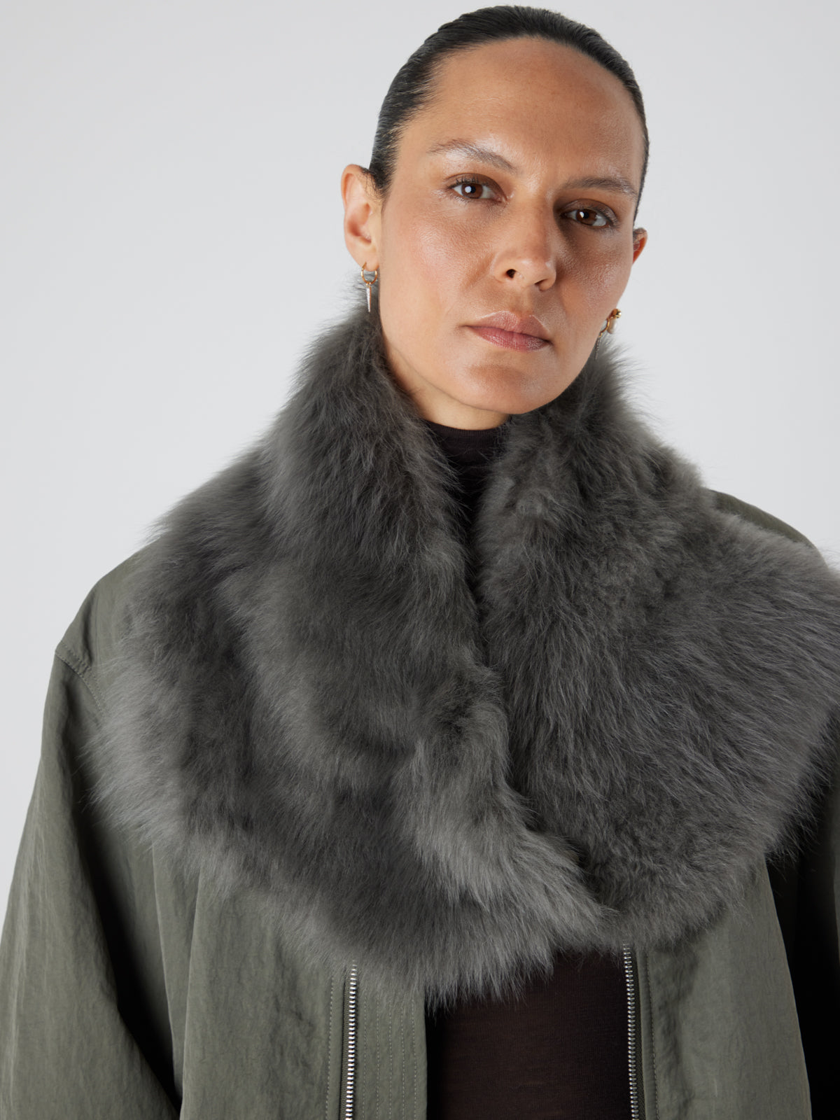 Green Baby Button Shearling Scarf | Womens | Gushlow & Cole - model crop buttoned up scarf
