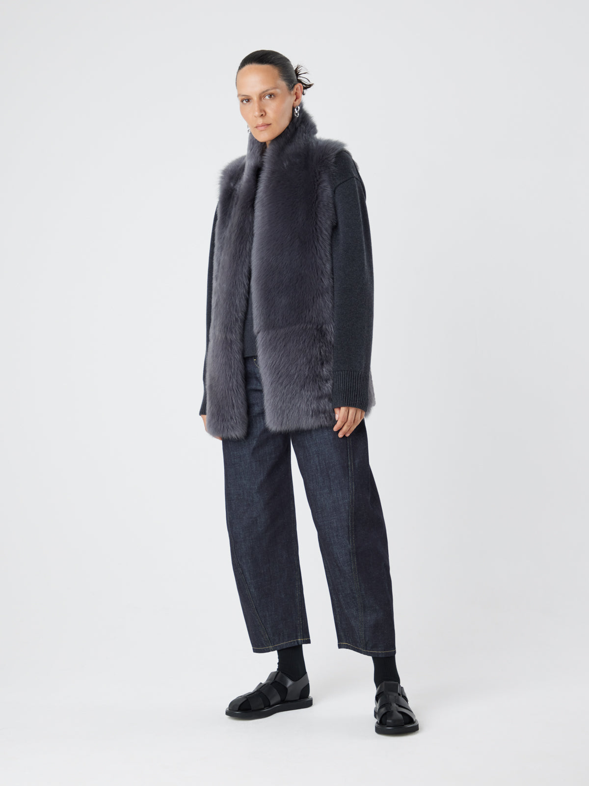 Grey Mid Length Shearling Gilet | Womens | Gushlow & Cole - model full length