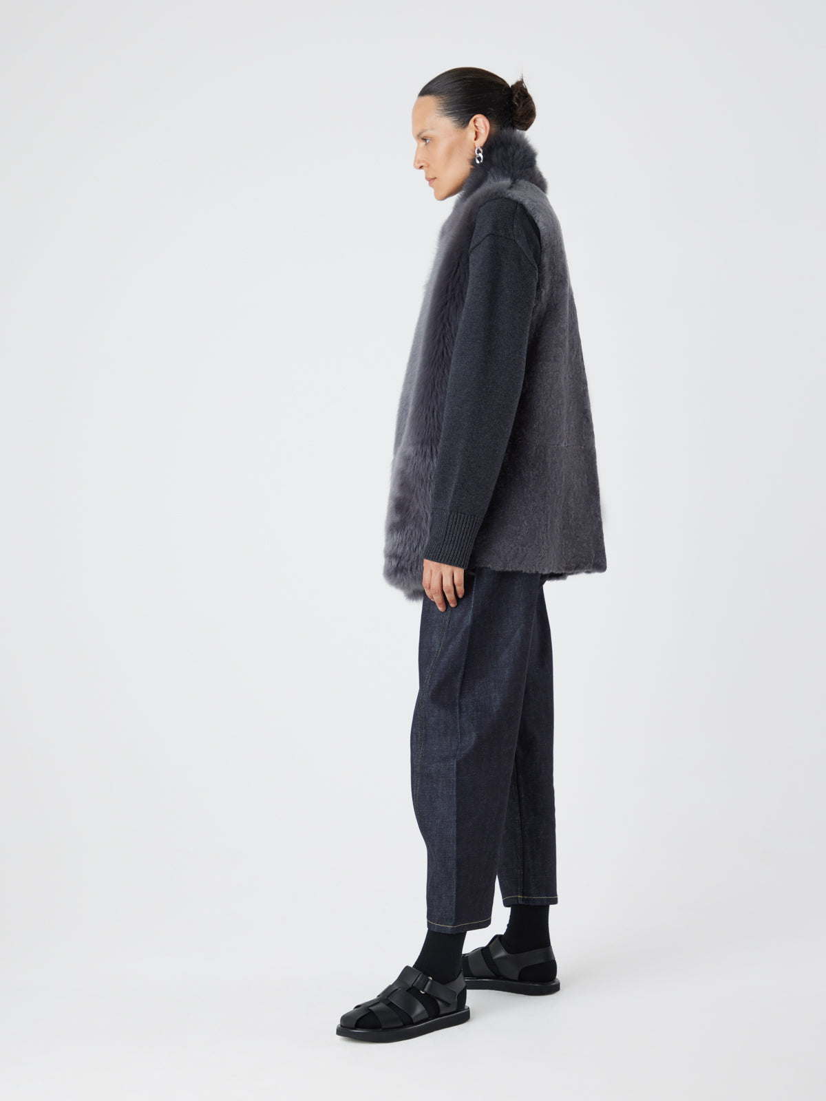Grey Mid Length Shearling Gilet | Womens | Gushlow & Cole - model full length side