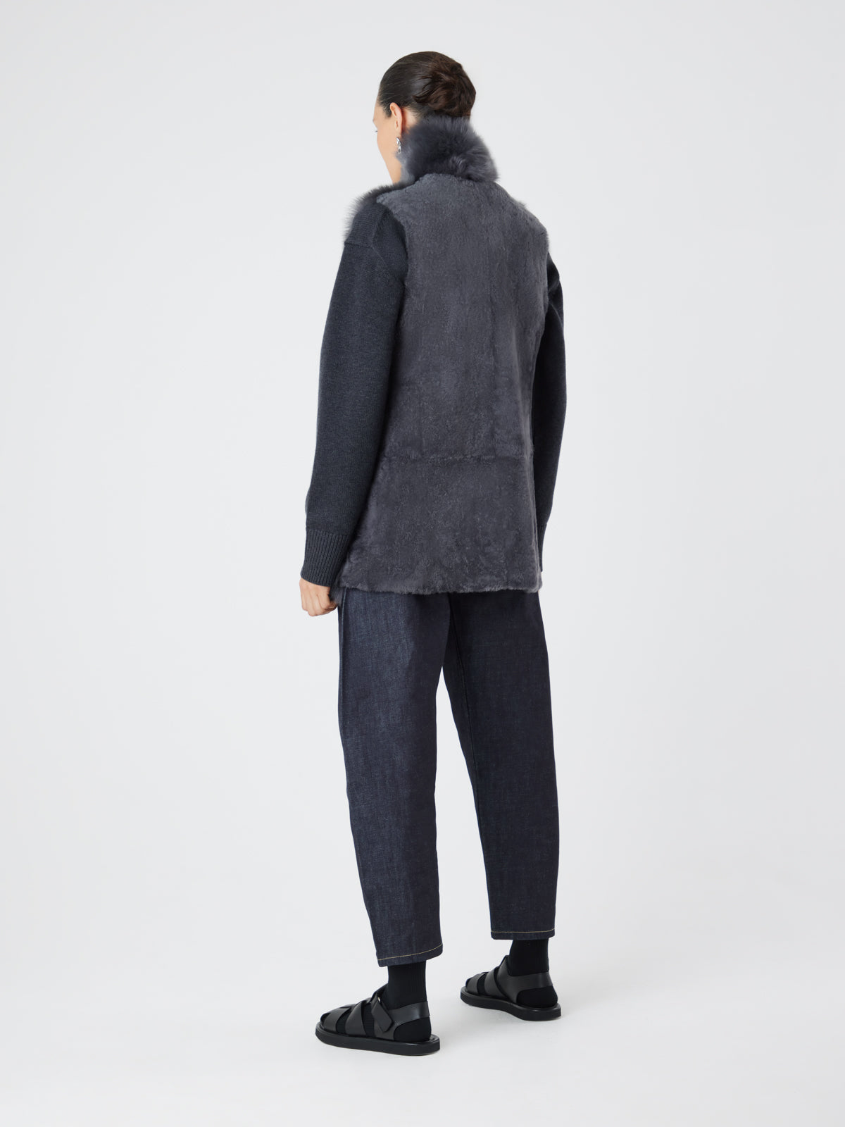 Grey Mid Length Shearling Gilet | Womens | Gushlow & Cole - model full length back