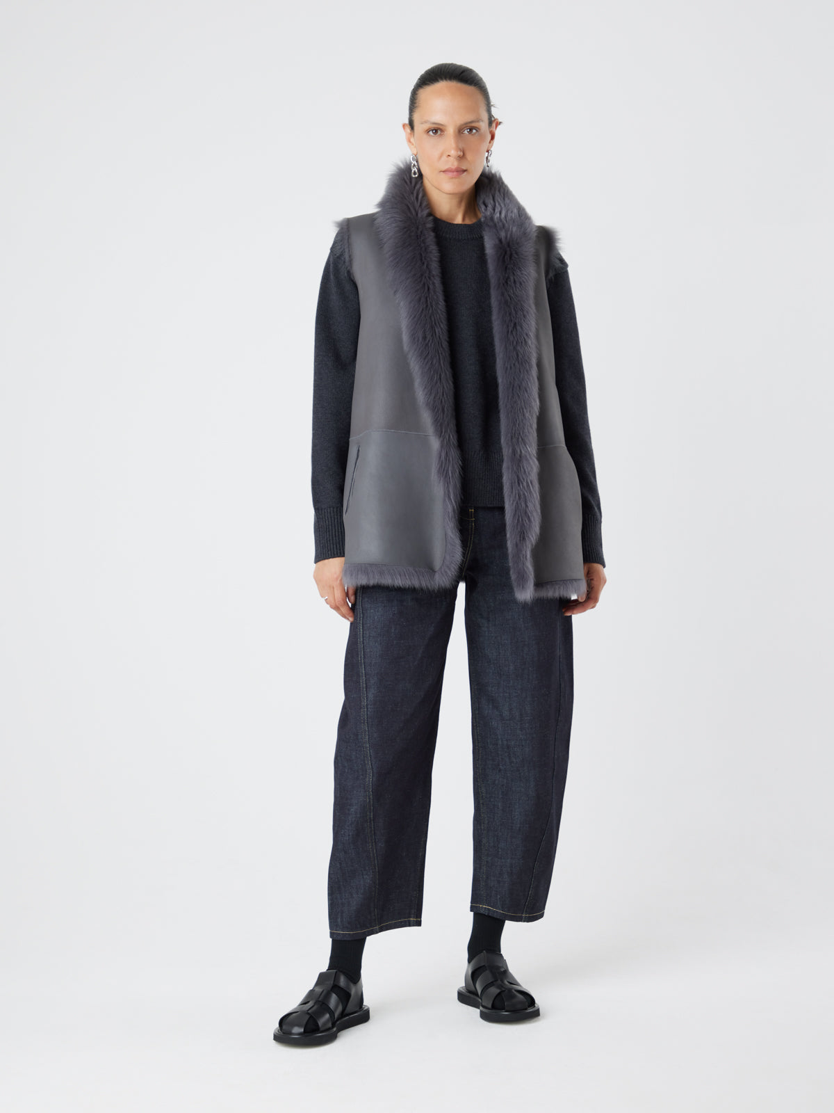 Grey Mid Length Shearling Gilet | Womens | Gushlow & Cole - model full length gilet reversed