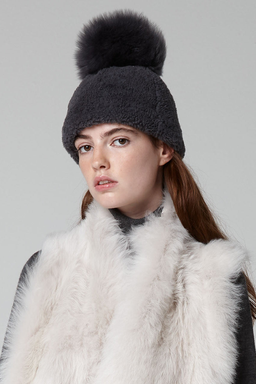 Grey Shearling Pom Pom Beanie Hat - women | Gushlow & Cole
