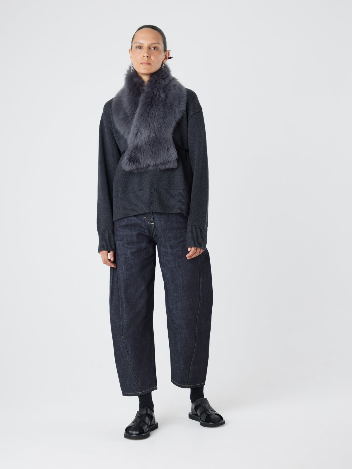 Grey Shearling Shawl Scarf | Womens | Gushlow & Cole - model full length scarf crossed over