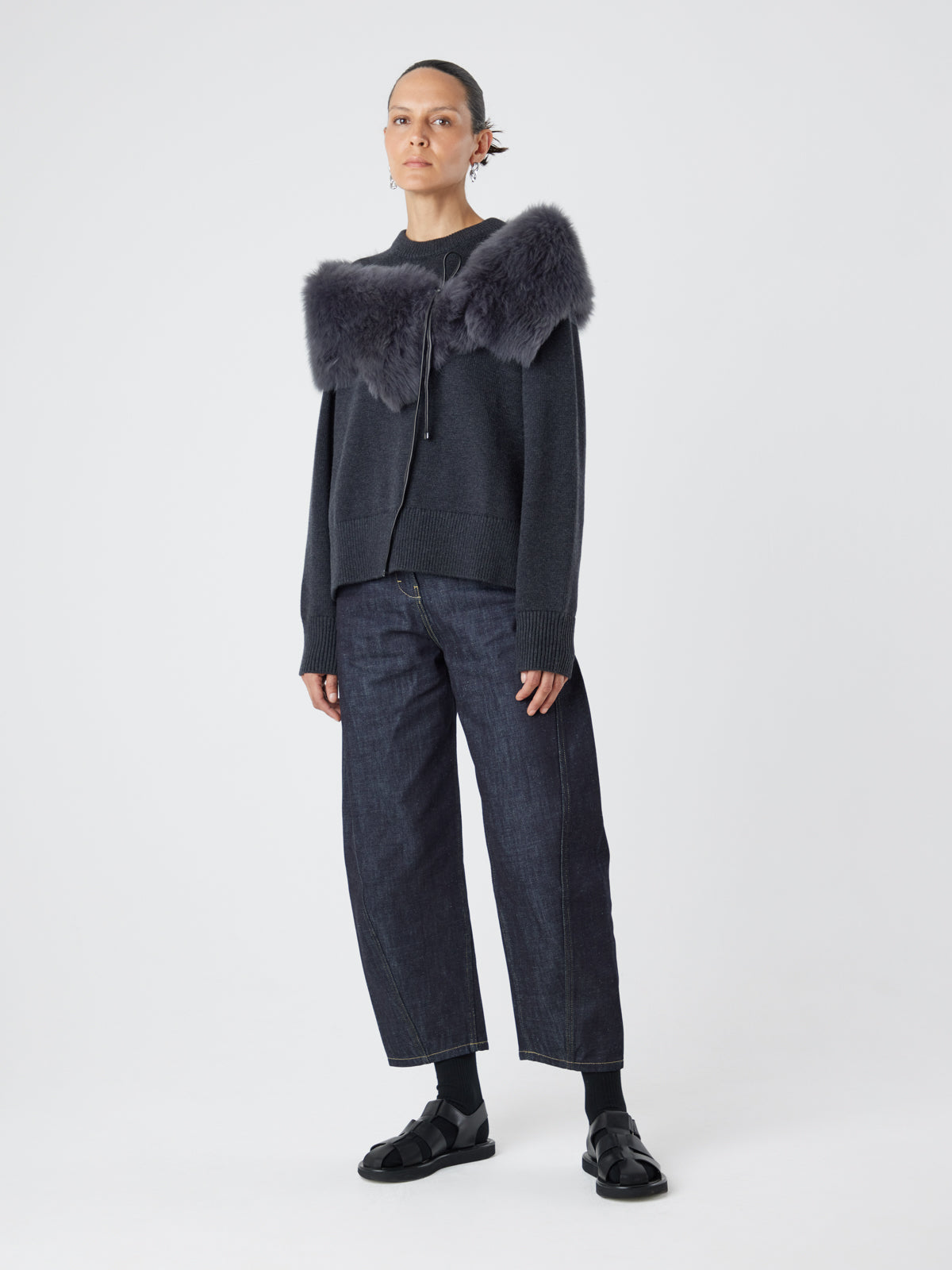 Grey Shearling Shawl Scarf | Womens | Gushlow & Cole - model full length scarf over shoulders