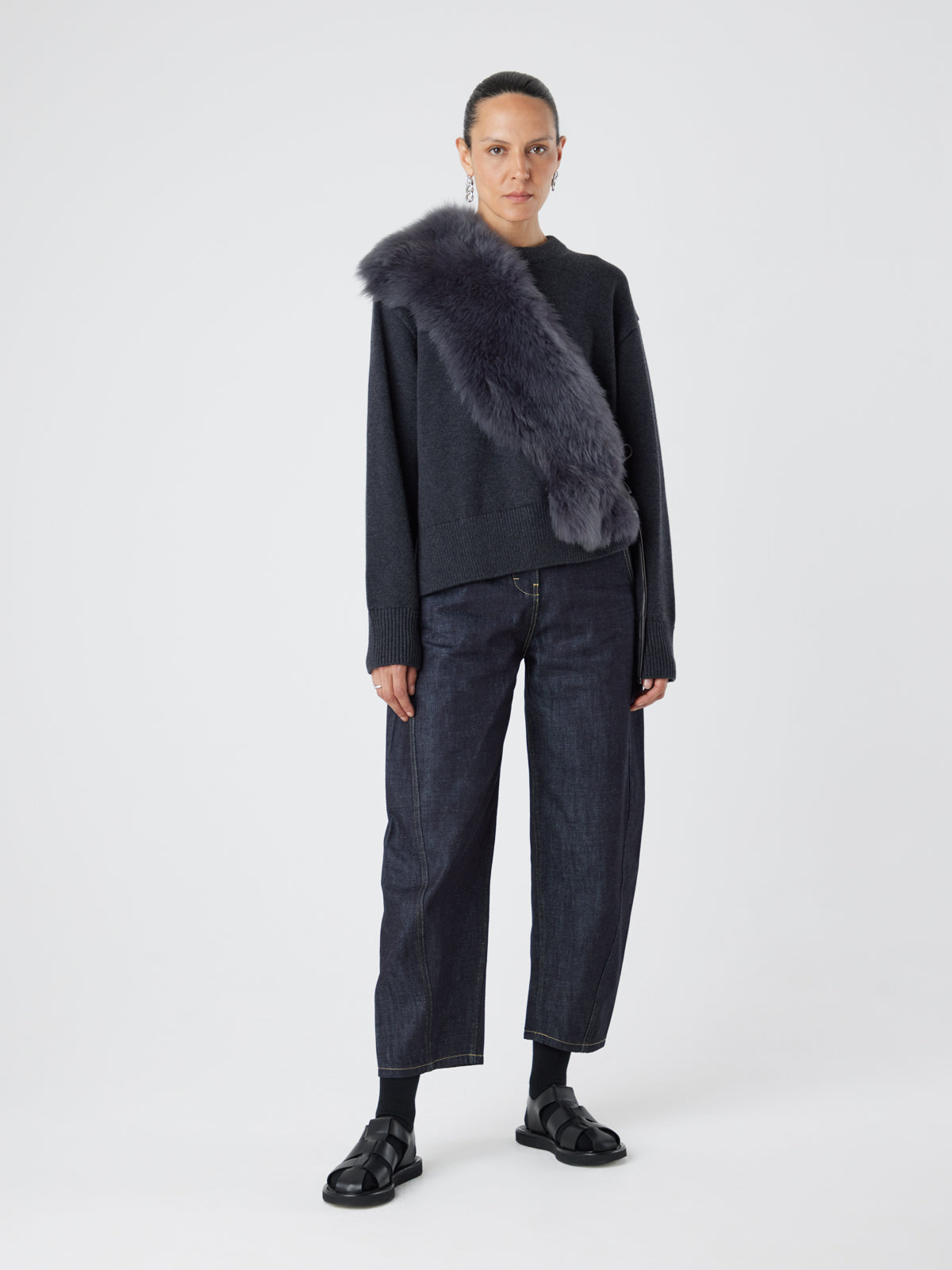 Grey Shearling Shawl Scarf | Womens | Gushlow & Cole - model full length scarf as sash