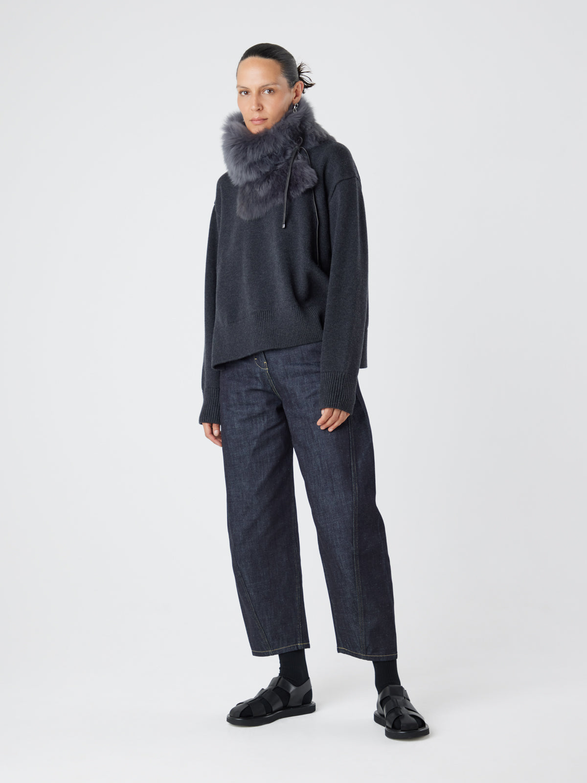 Grey Shearling Shawl Scarf | Womens | Gushlow & Cole - model full length scarf as snood