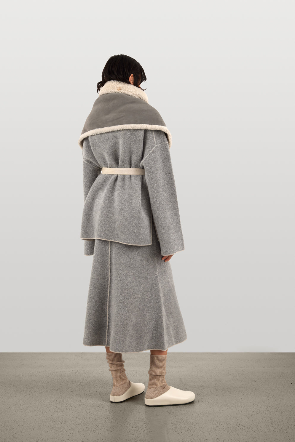 Grey & White Large Merino Belt Scarf | Womens Luxury Shearling | Gushlow & Cole | model back