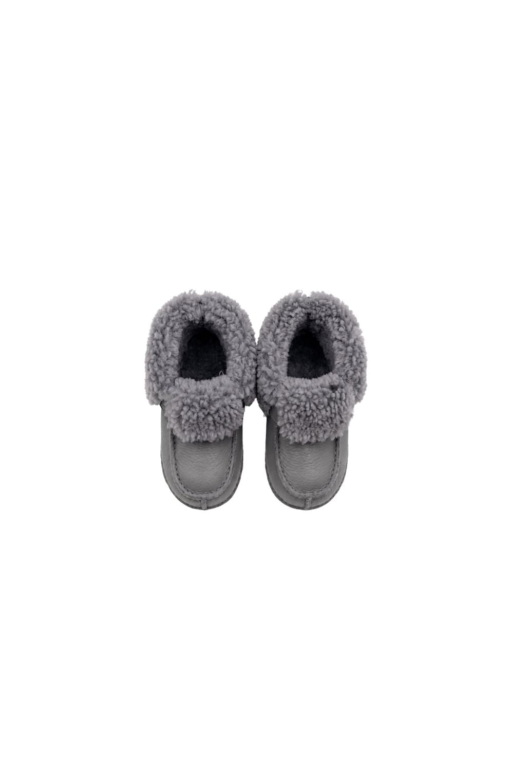 pair of kids grey sheepskin baby boots on white background by gushlow & cole