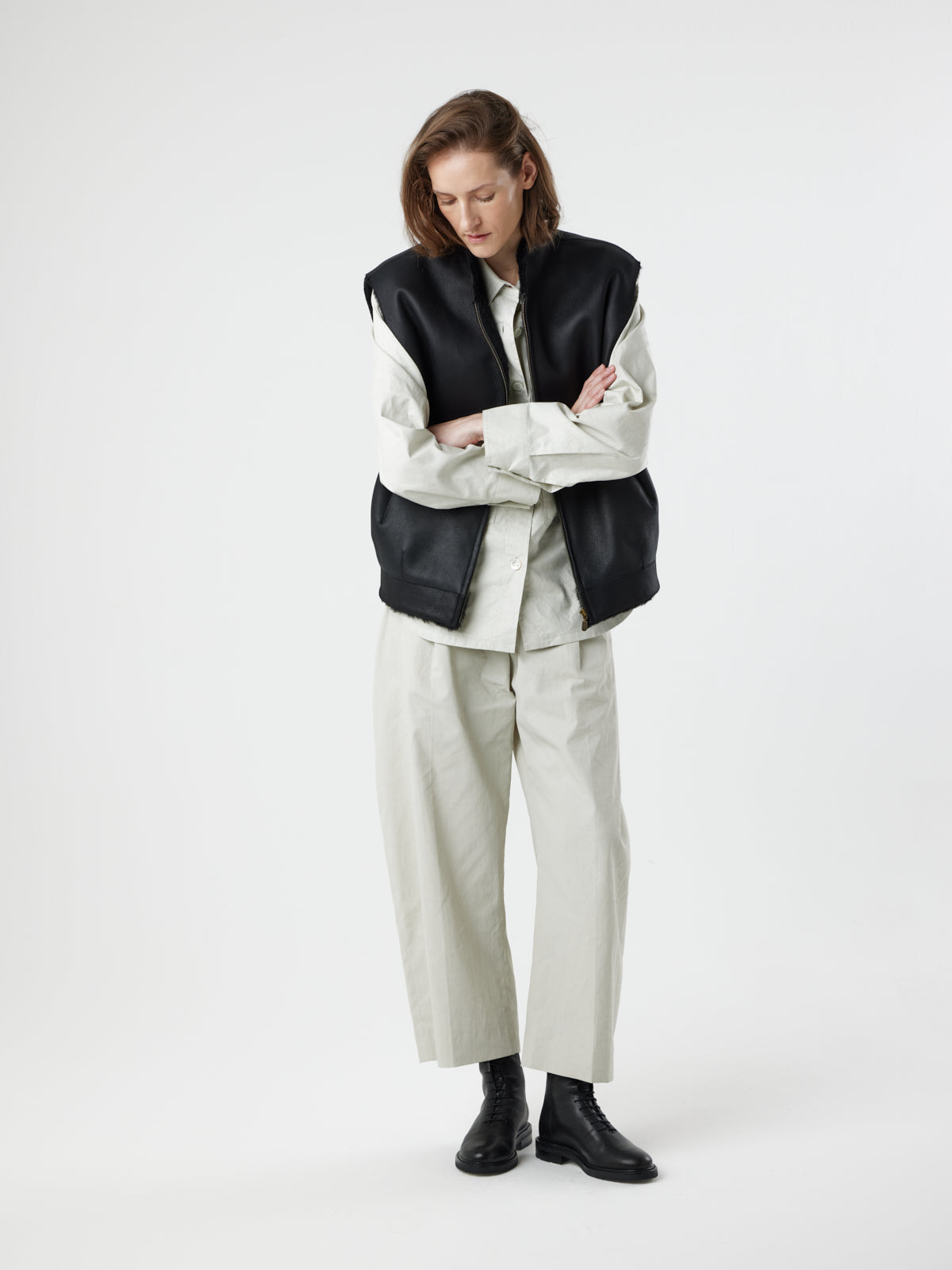 woman wearing Joyce Black Shearling Gilet by Gushlow and Cole
